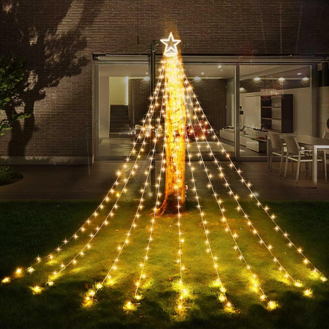 Funsmile Christmas Outdoor Star Lights Waterfall Tree Lights 344 LED 10Ft 12" Topper Star for Lawn Yard Garden Holiday Xmas New Year Warm White