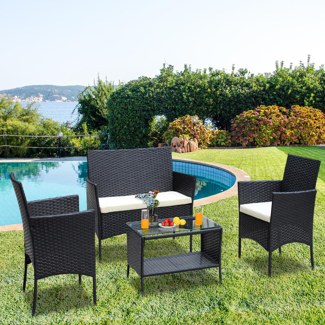 4 Piece Sectional Sofa Set, Patio Rattan Furniture Set with Coffee Table, Cushioned Conversation Set, Outdoor All Weather PE Wicker Chairs Set for Poolside, Backyard, Balcony, Garden, D6710