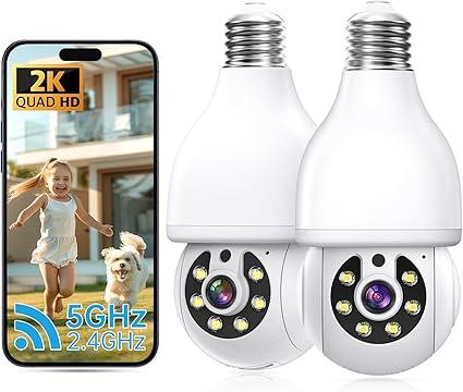 2K Light Bulb Security Camera 5G&2.4G WiFi Security Cameras Wireless Outdoor Indoor,360°Bulb Cameras for Home Security Outside Indoor,Motion Detection and Alarm,Two-Way Talk,Color Night Vision(2 PACK