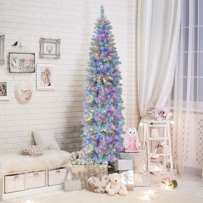 Costway 7 FT Pre-lit Christmas Tree Hinged Pencil Decoration 350 Multi-Color LED Lights